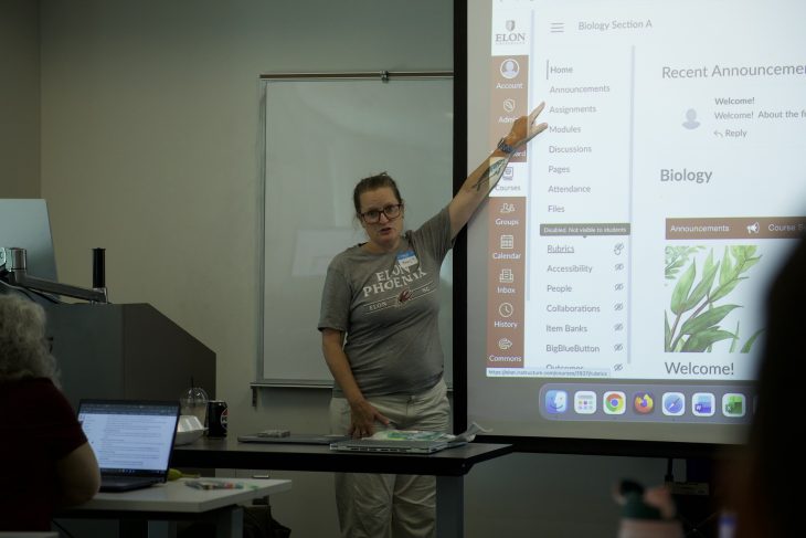 A person wearing glasses points to a presentation screen wearing an "Elon Phoenix" shirt
