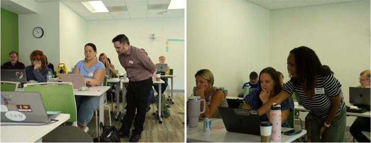 Two photos show groups of people working together on laptops in a classroom, with individuals standing to offer assistance.