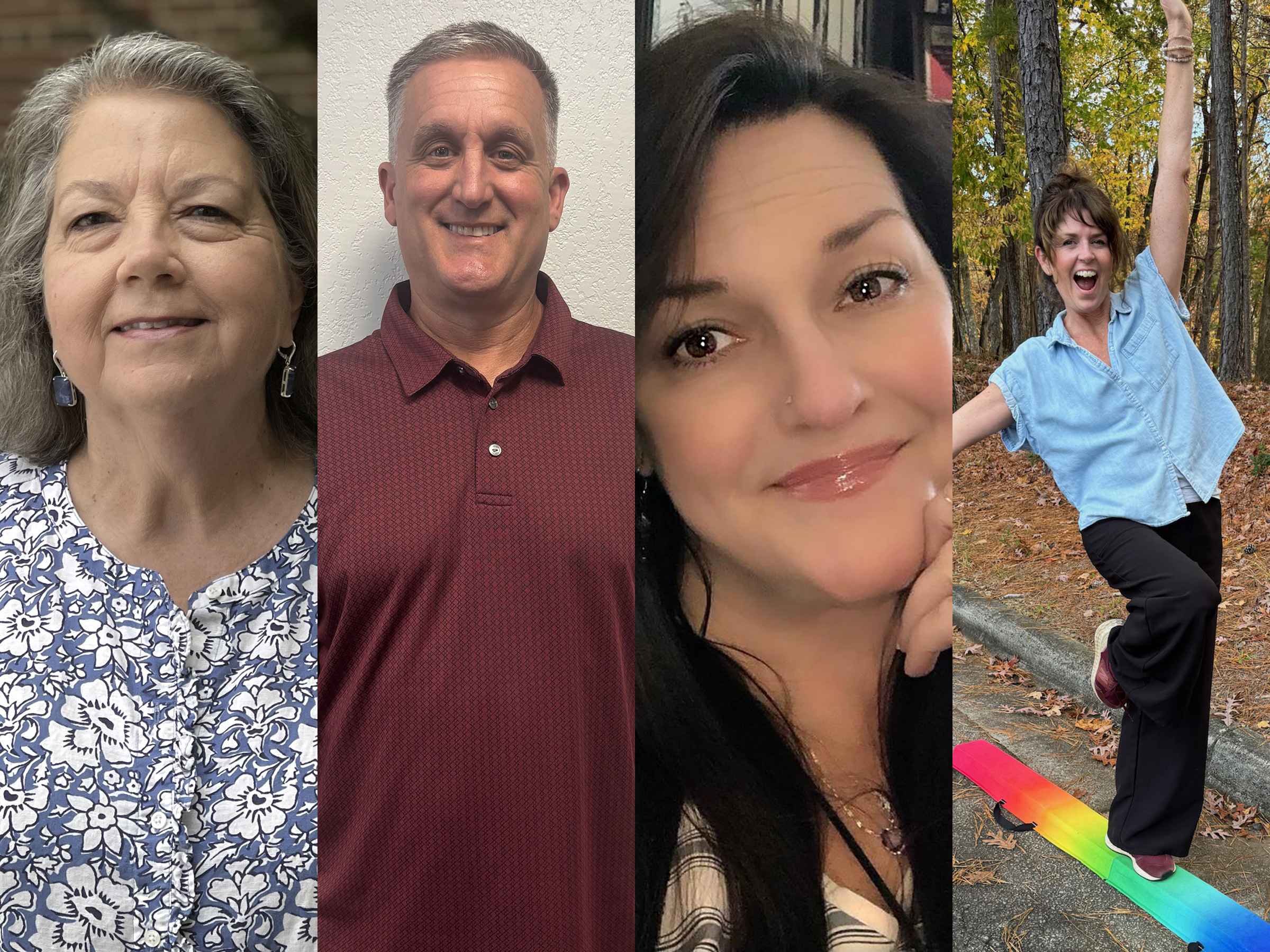 A photo of the four part-time educators who lead enrichment activities for Roberts Academy at Elon University in 2026-27, including Cammie Berrier (art), Steve Marquis (physical education), Lara Davis (music) and Heather Pike (dance).