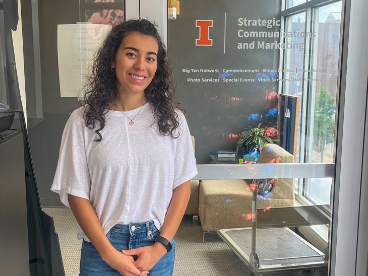 Miranda Burgos ’28 stands outside her office at the University of Illinois Urbana-Champaign, where she spent the summer interning with the Big Ten Network and gaining hands-on experience in video production and documentary storytelling.
