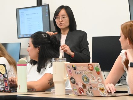Qian Xu, professor of strategic communications and A.J. Fletcher Professor, speaks to a fall 2025 class at ������Ƶ