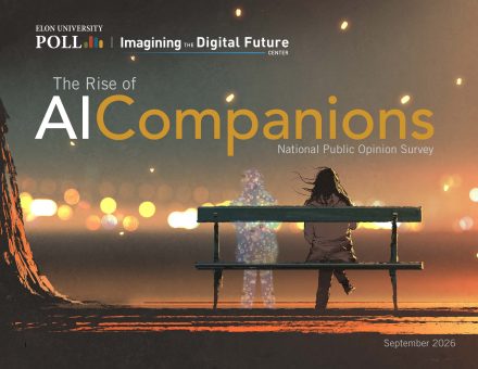 Graphic for the Elon University Poll and Imagining the Digital Future Center titled “The Rise of AI Companions,” showing a person sitting on a bench beside a translucent digital figure.