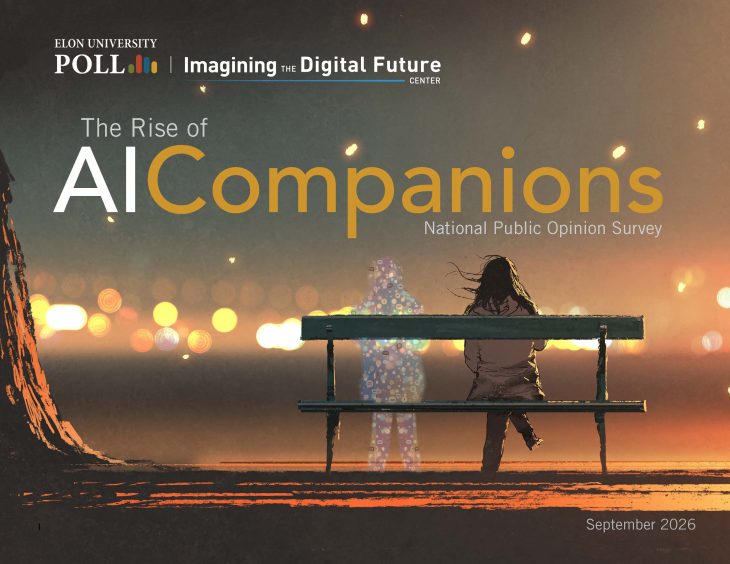 Graphic for the Elon University Poll and Imagining the Digital Future Center titled “The Rise of AI Companions,” showing a person sitting on a bench beside a translucent digital figure.