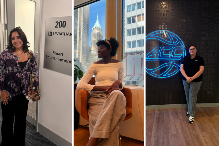 Three Elon students pose at internship sites: Claire Moorhead at Leviathan, Finn Wilkinson by a city window and Zoey Hayes at the ACC offices