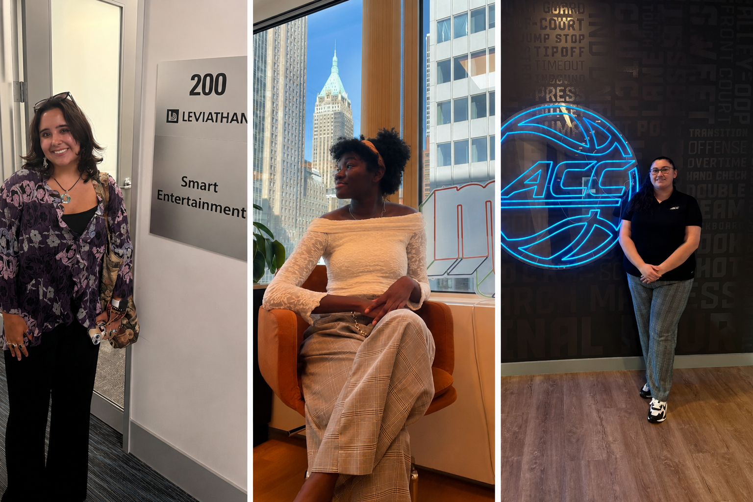 Three Elon students pose at internship sites: Claire Moorhead at Leviathan, Finn Wilkinson by a city window and Zoey Hayes at the ACC offices
