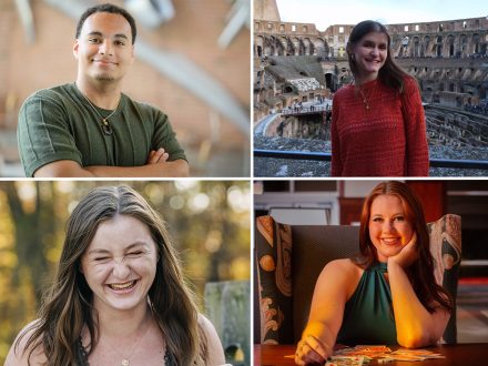 Four student portraits show a young man indoors, a woman at the Colosseum, a woman laughing outdoors and a woman seated with playing cards.