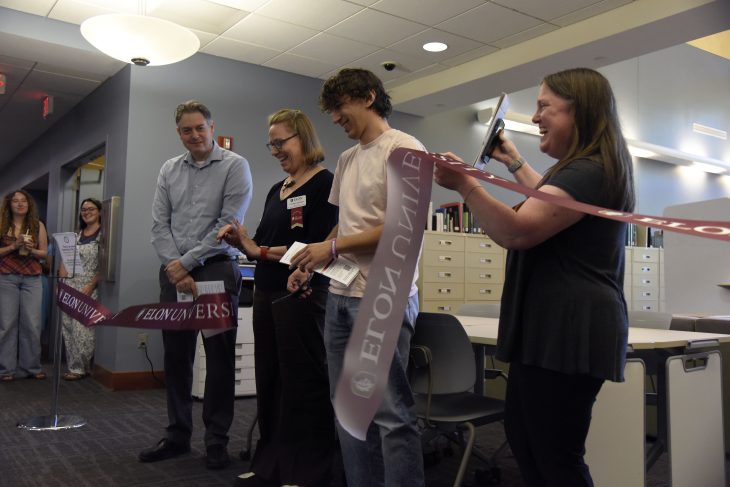 Ben Krasnow '27 cuts the ribbon to redesigned study spaces in Belk Library made possible by a grant from Steelcase. Joininghim on Sept. 9, 2026, were (from left) Belk Library Dean Brian Matthews, Elon College Associate Dean Caroline Ketcham, and Professor Jessie Moore, director of Elon University's Center for Engaged Learning.