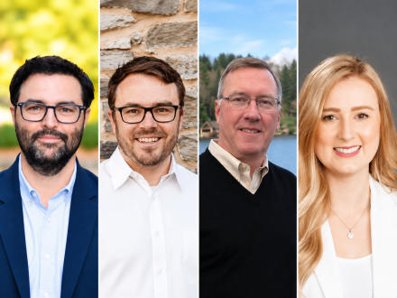 Four professional headshots arranged side by side, featuring two men and two women smiling against neutral backgrounds.