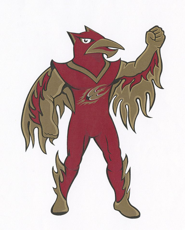 An early concept illustration for Elon’s Phoenix mascot shows a red-and-gold bird with wings raised and one fist in the air.