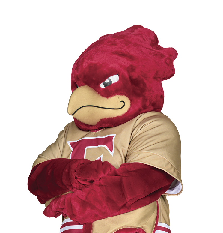 The new version of Elon’s Phoenix mascot poses with its arms crossed against a white background.