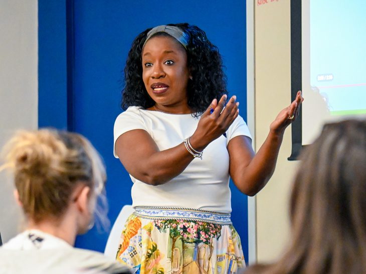 Ghislaine Lewis, assistant professor of journalism, lectures to students in her Journalism in a Free Society class on Sept. 22. Lewis joined Elon’s School of Communications this fall, bringing nearly a decade of teaching experience at the University of Lynchburg.