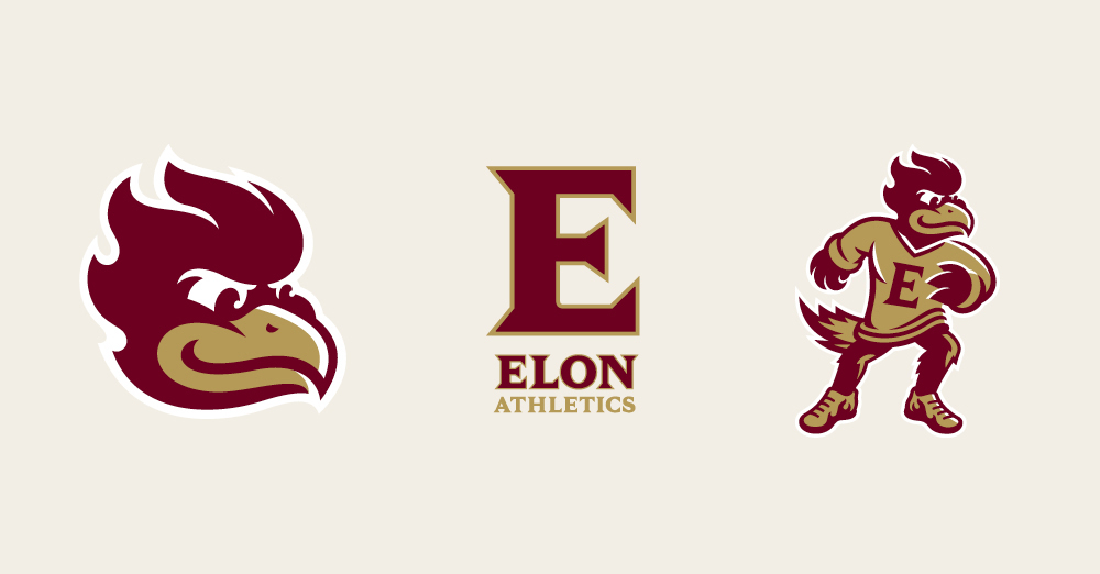 Elon Athletics’ visual identity features a Phoenix head logo, the Elon “E” monogram and a full-body Phoenix logo in maroon and gold.