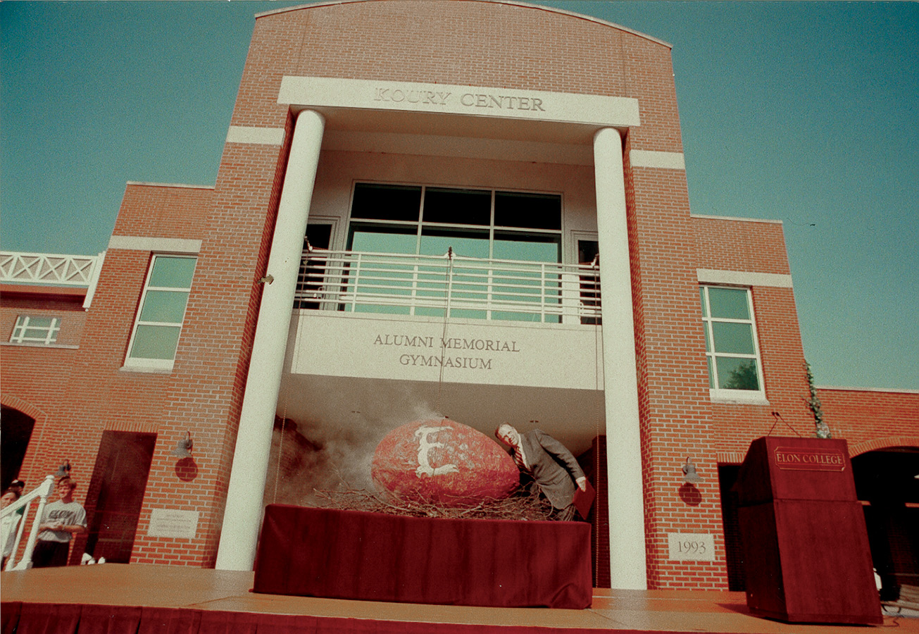 A large Phoenix egg is unveiled outside Alumni Memorial Gymnasium in 2000.
