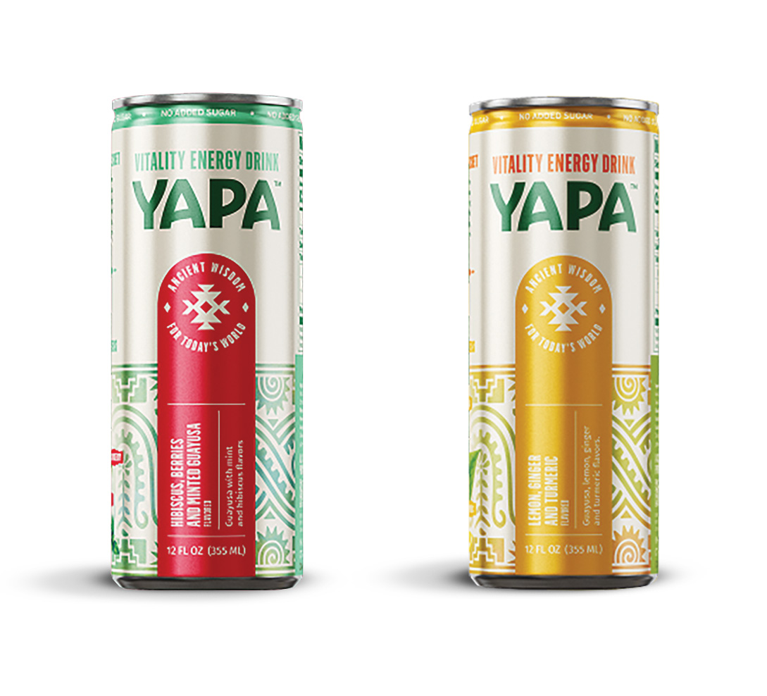 Cans of YAPA hibiscus berry and mint guayusa and lemon ginger and turmeric energy drinks are displayed against a white background.
