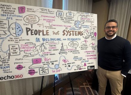 Tom Ritchie stands smiling beside a large hand-drawn illustration on an easel, titled “People, Not Systems: AI, Belonging and Readiness,” at EchoExperience’26 in Chicago.