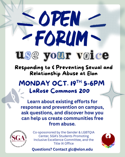 Gray and blue flyer with information about open forum event on Monday 10/19