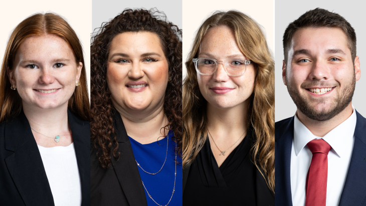 A graphic collage showing headshots of four students