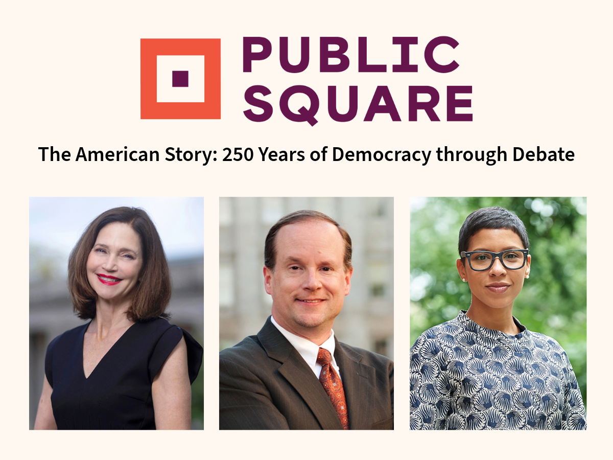 A graphic showing the public square logo and headshots of three speakers
