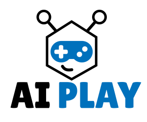 AI Play graphic with a hexagon martian with a game controller for eyes and small smile
