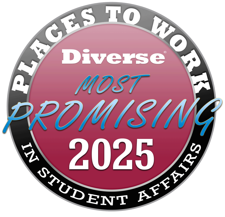 A circular badge with bold text that reads, "Places to Work in Student Affairs." The center features the word "Diverse" in white, followed by "Most Promising" in blue and "2025" in large white numerals.