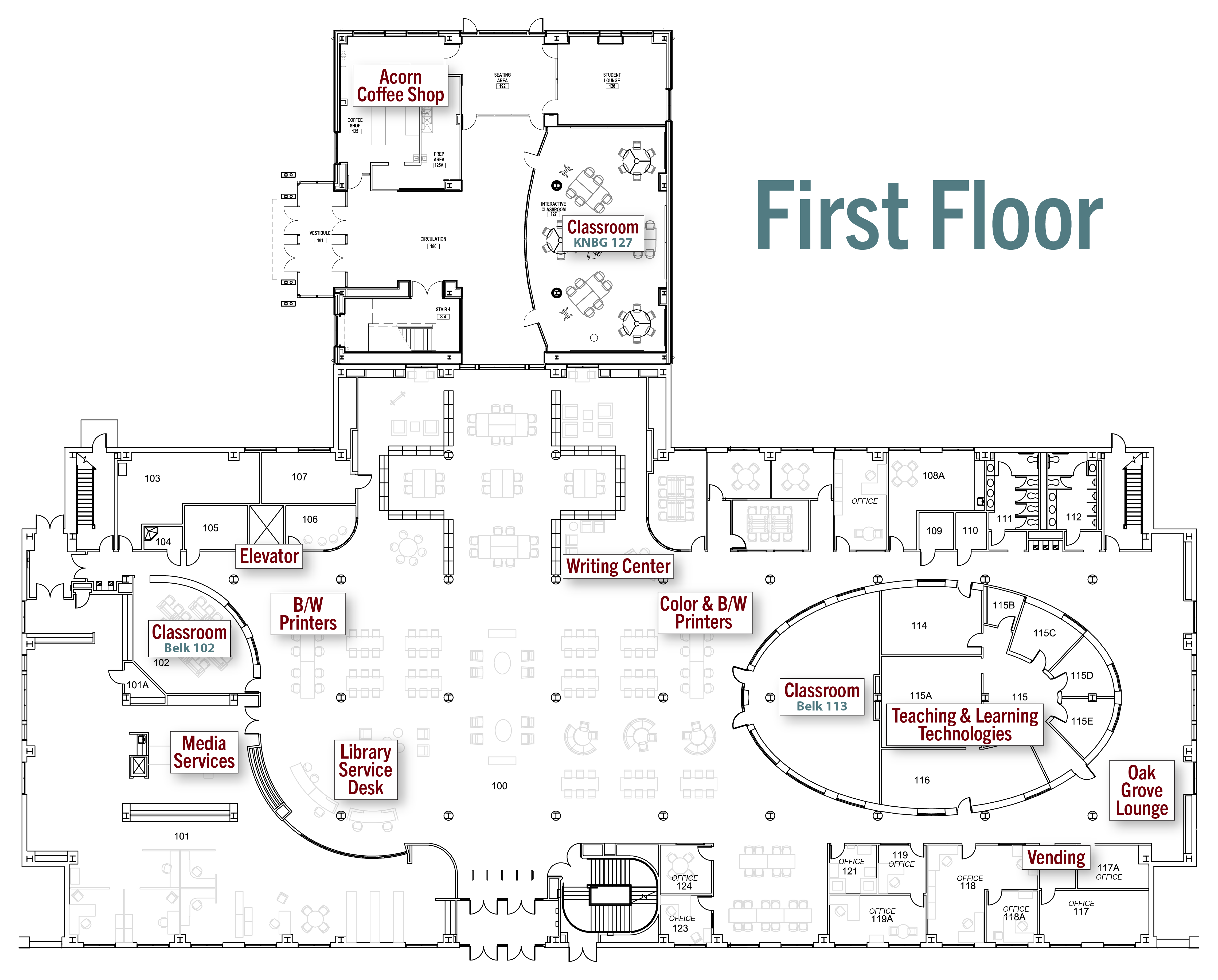 Floor plan of Belk Library & KLC first floor.
