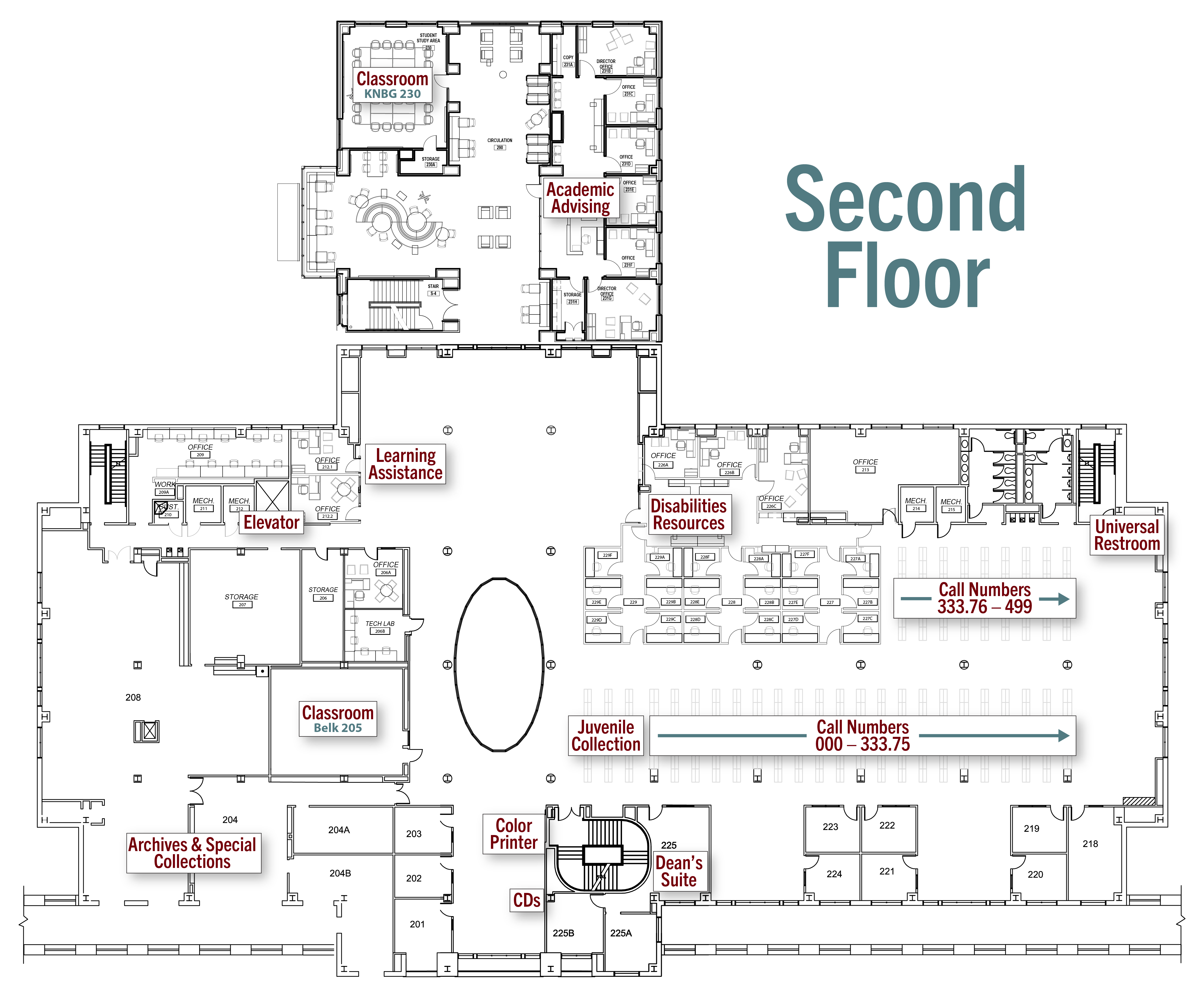 Floor plan of Belk Library & KLC second floor.