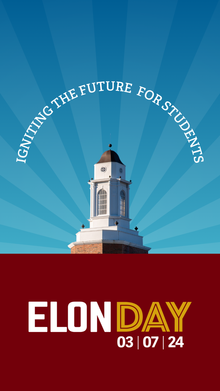 Igniting the future for students, blue sky with graphic sun rays, Inman cupola, maroon banner below with Elon Day 03/07/24