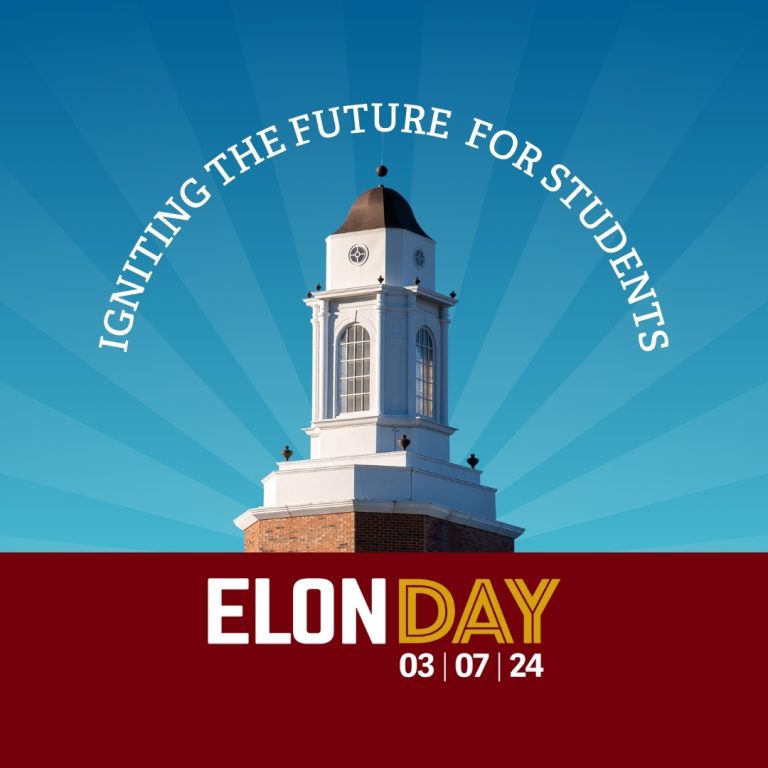 Igniting the Future for Students - Inman Cupola blue sky and maroon banner with Elon Day logo