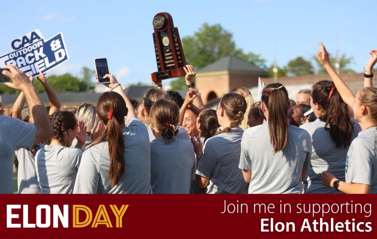 Womens Track and Field holding up CAA trophy - Elon Day - Join me in supporting Elon Athletics