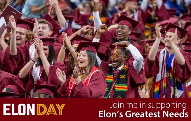 Elon grads in caps and gowns cheering - Elon Day - Join me in supporting Elon's Greatest Needs
