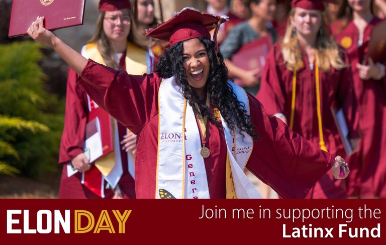 Student holding up diploma - Elon Day - join me in supporting the Latinx Fund