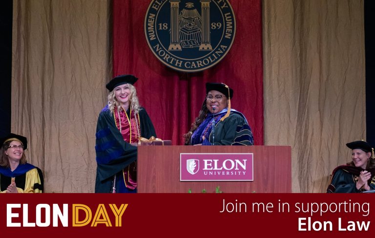 Law student receiving an award in cap and gown - Elon Day - join me in supporting Elon Law