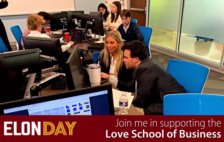 Students in the finance computer lab - Elon Day - join me in supporting the Love School of Business