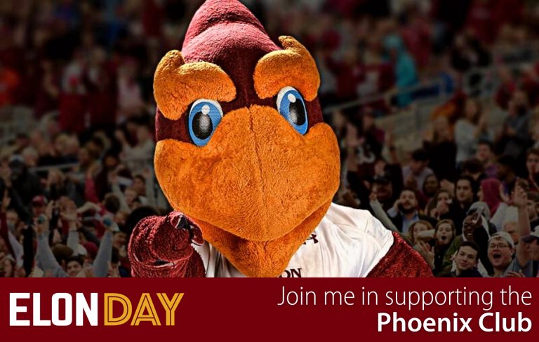 Phoenix mascot pointing - Elon Day - join me in supporting the Phoenix Club