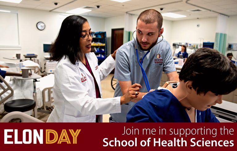 A professor and health science student check on a patient in the simulation lab - Elon Day - Join me in supporting the School of Health Sciences