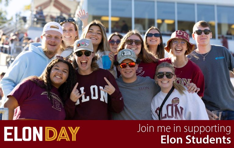 Students pose for a photo at a football game - Elon Day - Join me in supporting Elon Students