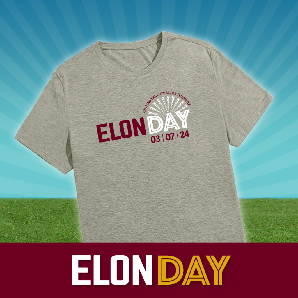 Elon Day gray tshirt on sky and grass background with Elon Day logo on maroon banner