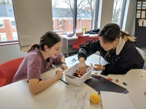 Two Design For America students working in the Center for Design Thinking at Elon University.