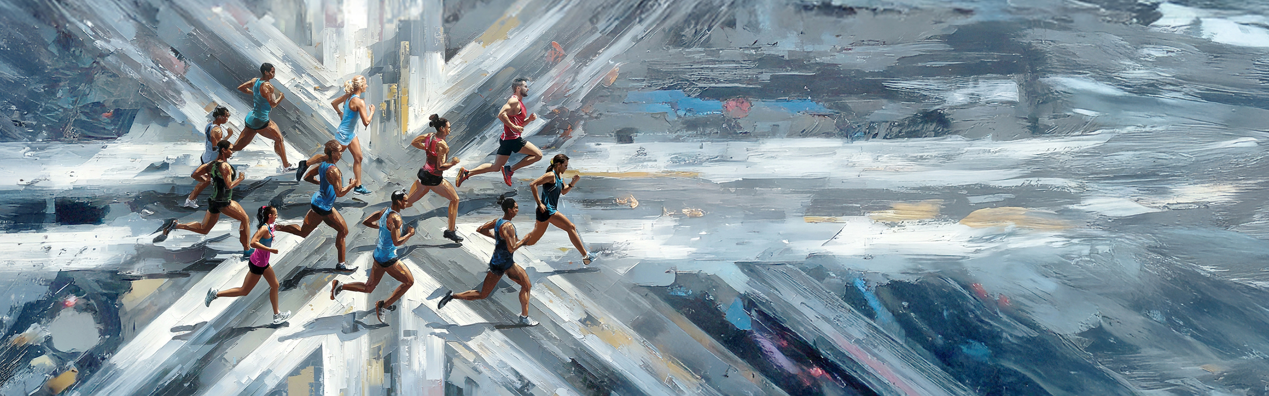 abstract image of athletes running at a crossroads