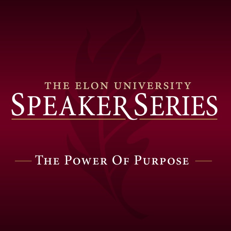 A maroon graphic depicting the Elon University Speaker Series logo and tagline, The Power of Purpose
