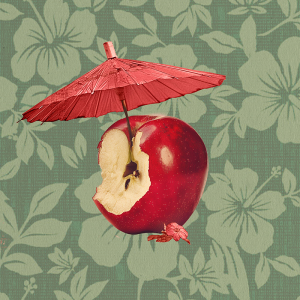 A promotional poster for "Paradise Lost" depicting a red apple with an umbrella sticking out of the middle