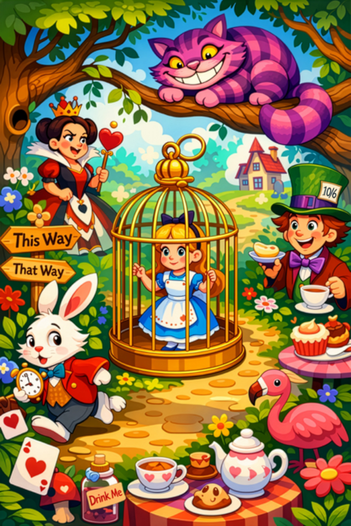Alice in a cage in Wonderland