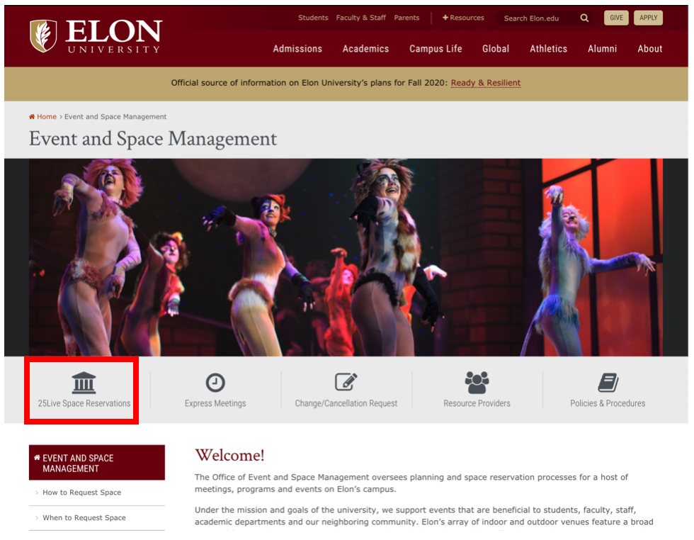 A screenshot of Elon's Event and Space Management homepage