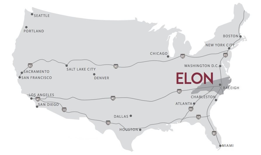 a map of the united states that shows Elon in proximity to other cities