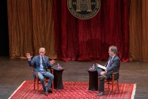 The Distinguished Leadership Lecture Series presented by the Joseph M. Bryan Foundation brought a conversation with Dan Abrams, left, moderated by Professor Enrique Armijo November 2, 2022, to the Carolina Theater in Greensboro.