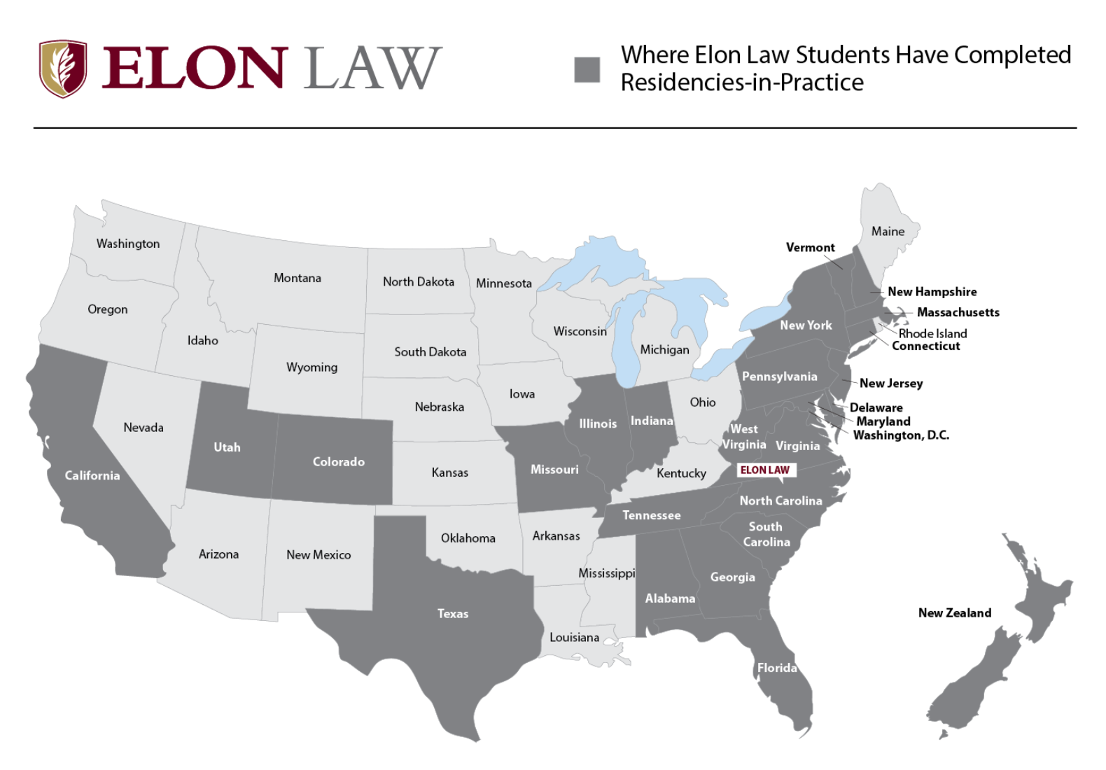 A map of the U.S. showing many grayed-out states where students have completed residency